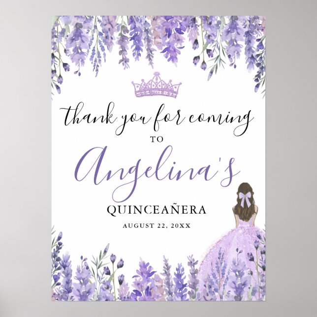 Affiche Panneau de Merci Floral pourpre Quinceanera (Devant)