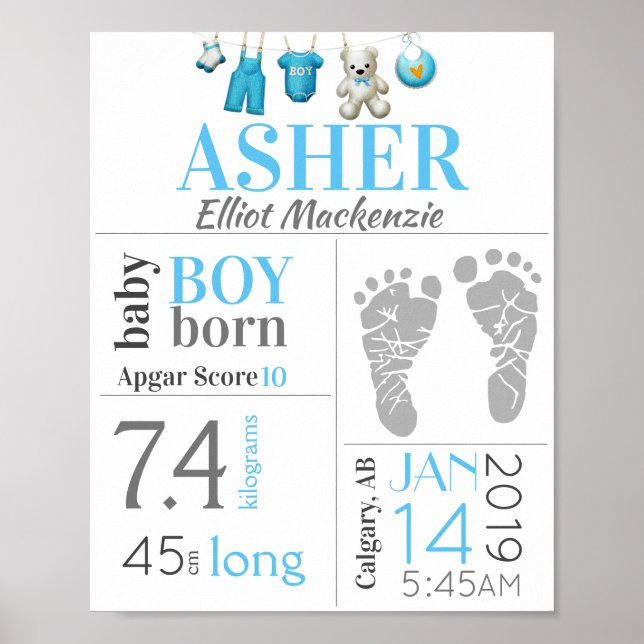 Affiche Panneau de naissance Bleu Bébé Garçon avec emprein (Devant)