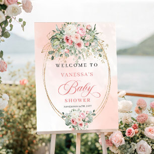 Affiche Panneau de Naissance Fleurs Roses Blush Minimalist