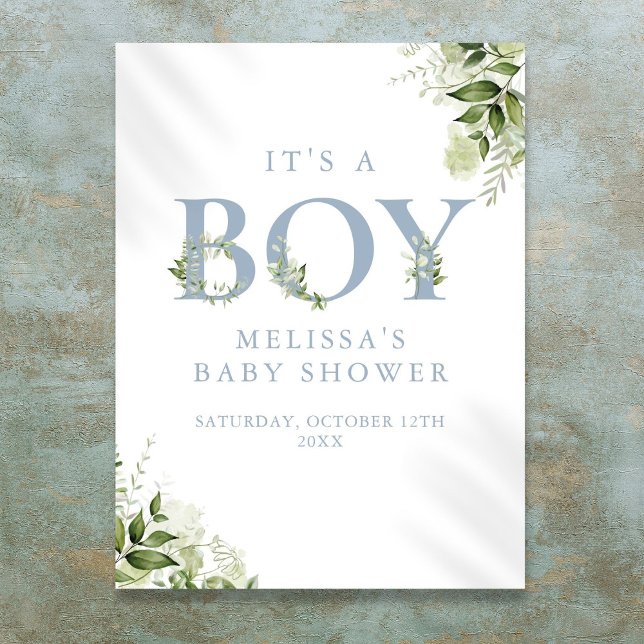 Affiche Panneau de Naissance Garçon Vert Bleu (Its A Boy Greenery Blue Baby Shower Sign)