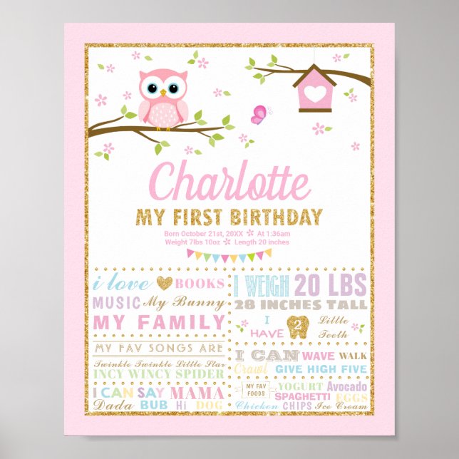 Affiche Panneau de naissance rose pour le 1er anniversaire (Devant)