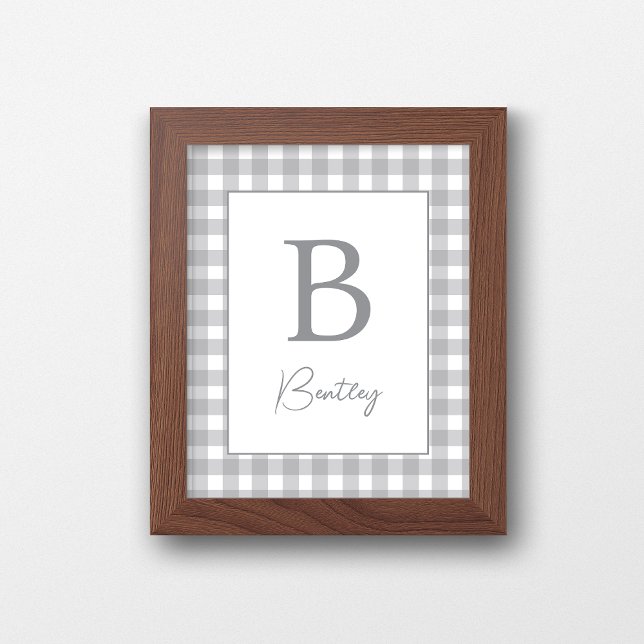Affiche Panneau de nom de nurserie à carreaux gingham gris (Créateur téléchargé)