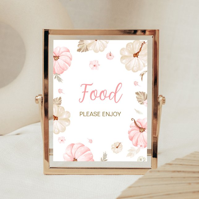 Affiche Panneau de nourriture Citrouille Douce Rose (Girl Fall Pumpkin Baby Shower Food Sign)
