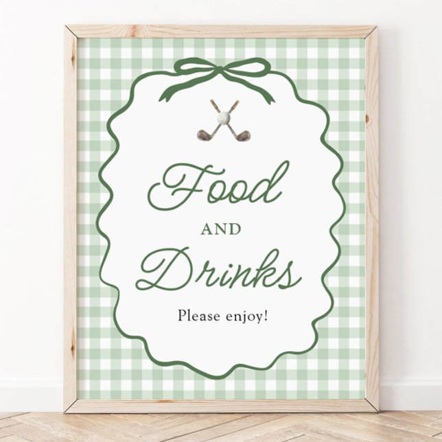 Affiche Panneau de nourriture et de boissons de golf à nœu (Sage Green Gingham Bow Golf Food and Drinks Sign)