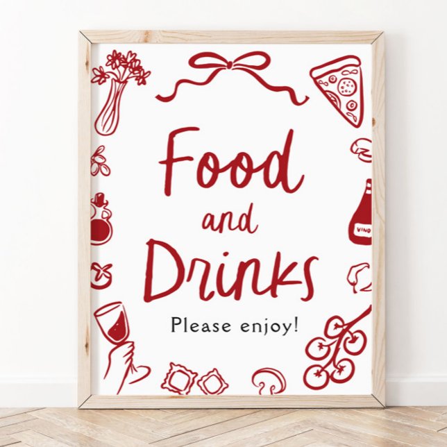 Affiche Panneau de nourriture et de boissons dessiné à la  (Red Italian Hand Drawn Food and Drinks Sign)