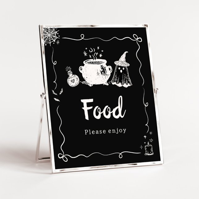 Affiche Panneau de nourriture Halloween Baby is Brewing (Hand Drawn A Baby is Brewing Baby Shower Food Sign)