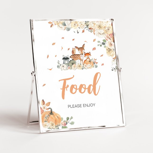 Affiche Panneau de nourriture pour animaux de la forêt flo (Floral Woodland Animals Baby Shower Food Sign)