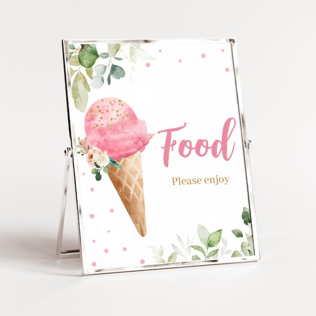 Affiche Panneau de nourriture pour Baby Shower Glace Rose (Girl Ice Cream Baby Shower Food Sign)