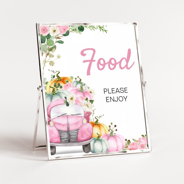 Affiche Panneau de nourriture pour camion rose citrouille  (Little Pumpkin Pink Truck Baby Shower Food Sign)