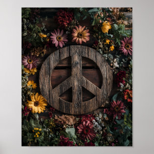 Affiche Panneau de paix en bois rustique avec fleur sauvag