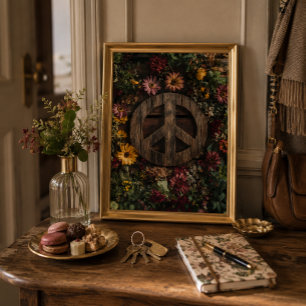 Affiche Panneau de paix en bois rustique avec fleur sauvag
