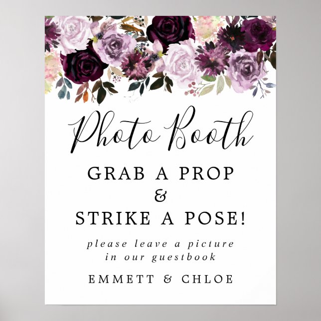Affiche Panneau de Photobooth de Mariage Floral Rose Viole (Devant)