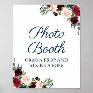 Affiche Panneau de Photomaton de Mariage Floral Navy et Ma