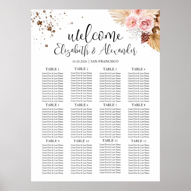Affiche Panneau de plan de table alphabétique floral (Devant)