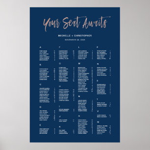 Affiche Panneau de plan de table alphabétique Navy & Or Ro