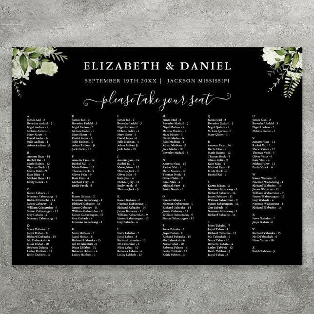 Affiche Panneau de plan de table de mariage avec 200 noms  (200 Names Greenery Wedding Seating Chart Sign)