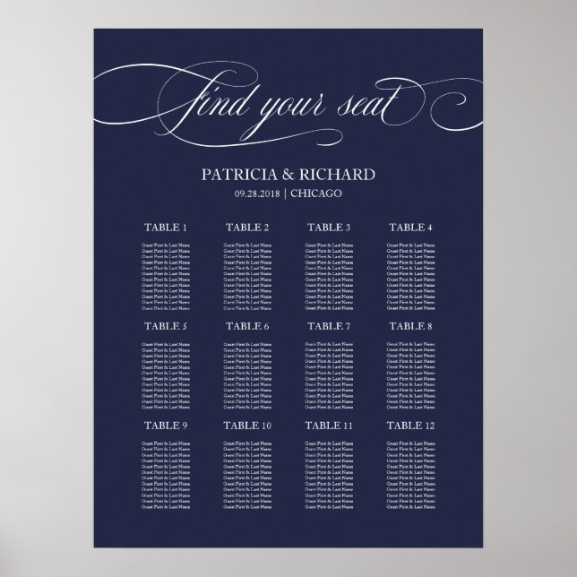 Affiche Panneau de plan de table de mariage bleu marine 12 (Devant)