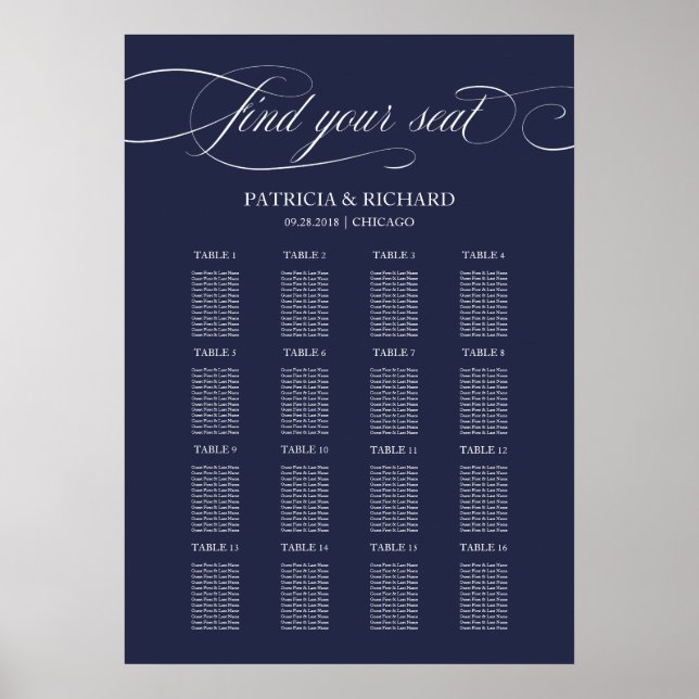 Affiche Panneau de plan de table de mariage bleu marine 16 (Devant)