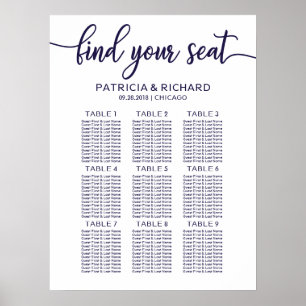 Affiche Panneau de plan de table de mariage chic bleu mari