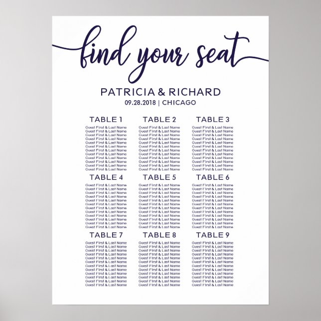 Affiche Panneau de plan de table de mariage chic bleu mari (Devant)
