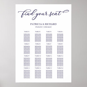 Affiche Panneau de plan de table de mariage Chic Bleu Nuit