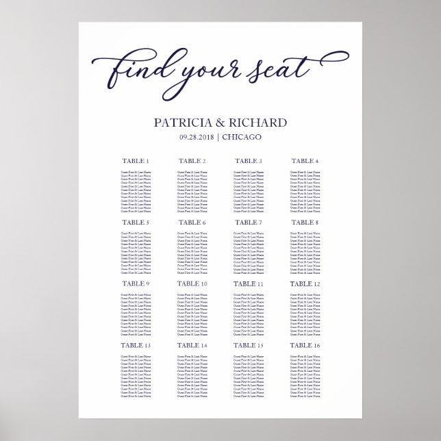 Affiche Panneau de plan de table de mariage Chic Bleu Nuit (Devant)
