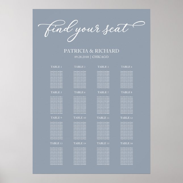 Affiche Panneau de plan de table de mariage Chic Bleu Pous (Devant)