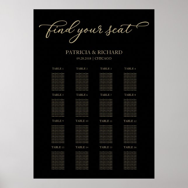 Affiche Panneau de plan de table de mariage Chic Or Noir (Devant)