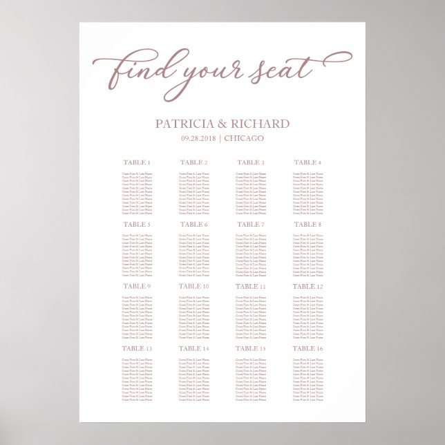 Affiche Panneau de plan de table de mariage Chic Rose Gold (Devant)