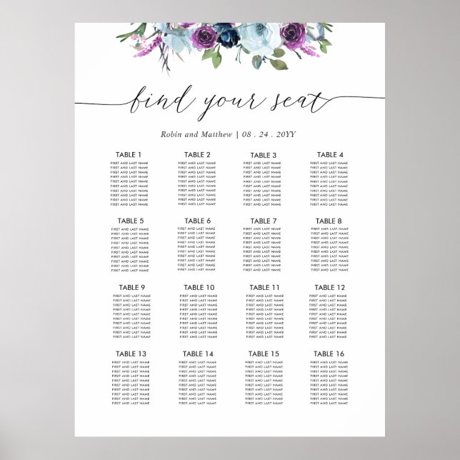 Affiche Panneau de plan de table de mariage chic violet et (Devant)