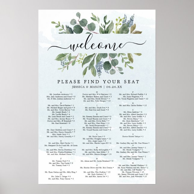 Affiche Panneau de plan de table de mariage Dusty Blue Euc (Devant)