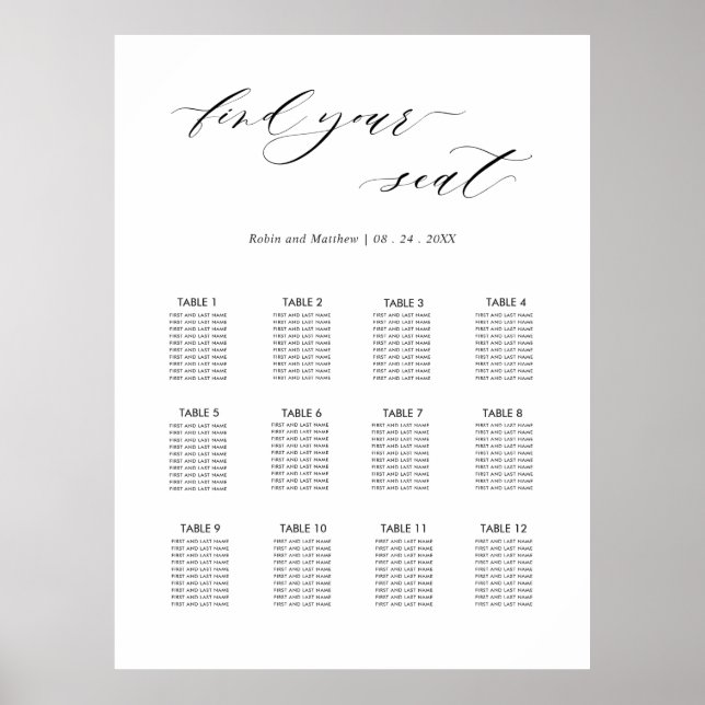 Affiche Panneau de plan de table de mariage élégant (Devant)