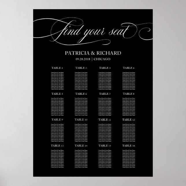 Affiche Panneau de plan de table de mariage élégant noir (Devant)