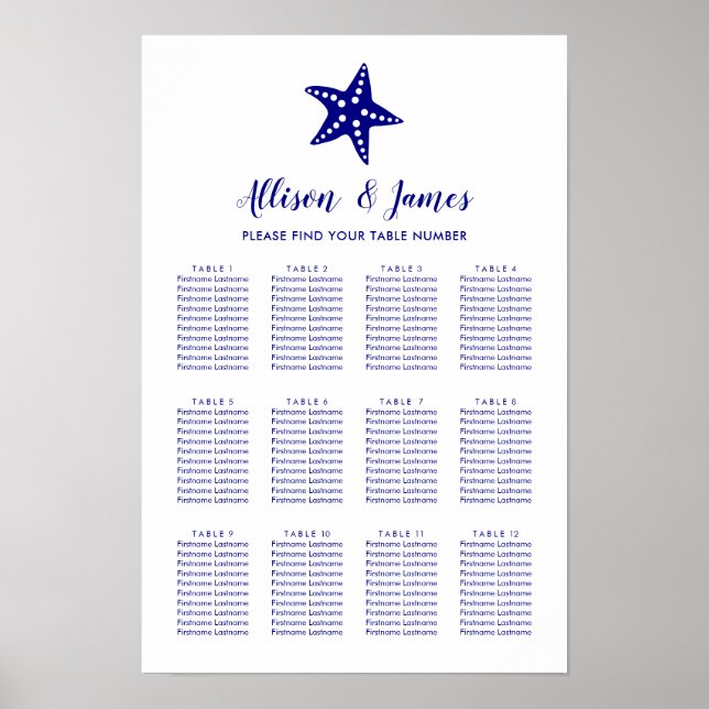 Affiche Panneau de plan de table de mariage étoile de mer  (Devant)