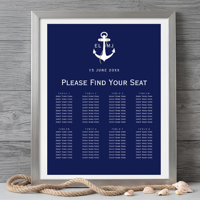 Affiche Panneau de plan de table de mariage nautique de la (Navy Nautical Wedding Seating Chart Sign)