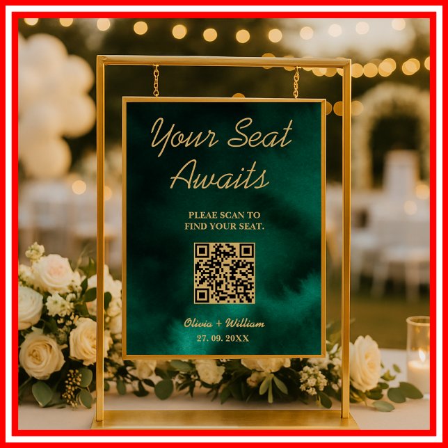 Affiche Panneau de plan de table de mariage QR vert émerau (Créateur téléchargé)