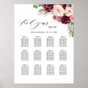 Affiche Panneau de plan de table de mariage rose Burgundy