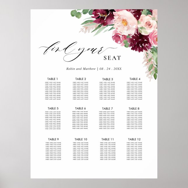 Affiche Panneau de plan de table de mariage rose Burgundy  (Devant)