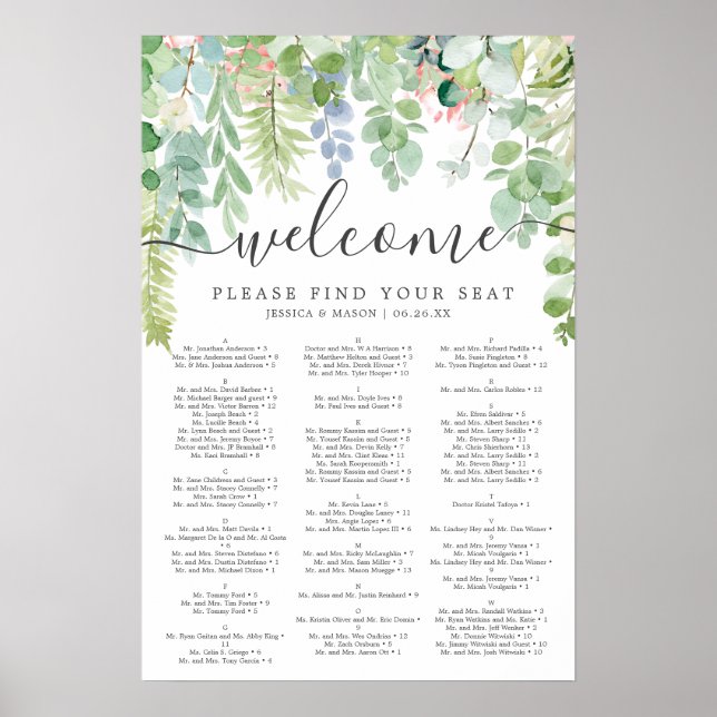Affiche Panneau de plan de table de mariage Soft Greenery (Devant)