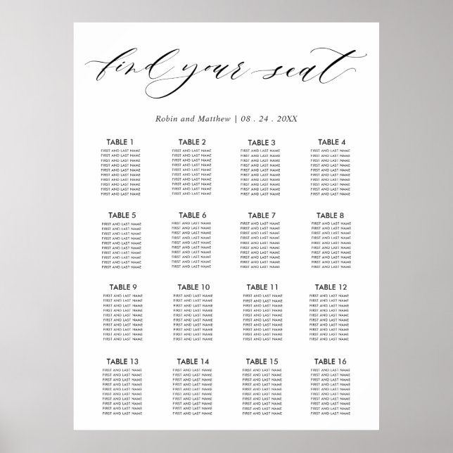 Affiche Panneau de plan de table de réception de mariage é (Devant)