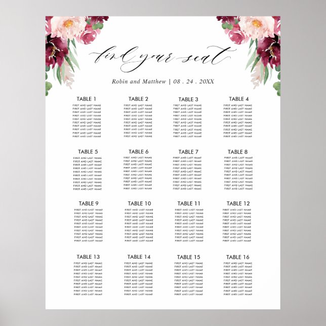 Affiche Panneau de plan de table de réception de mariage e (Devant)