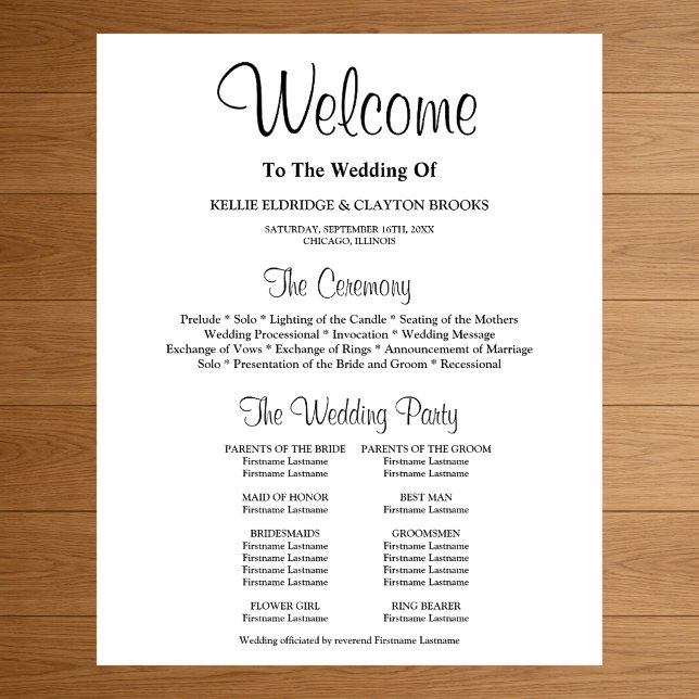 Affiche Panneau de programme de cérémonie de mariage simpl (Créateur téléchargé)