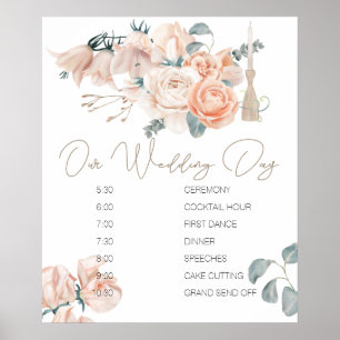 Affiche Panneau de Programme de Mariage Élégant Rose Bohèm