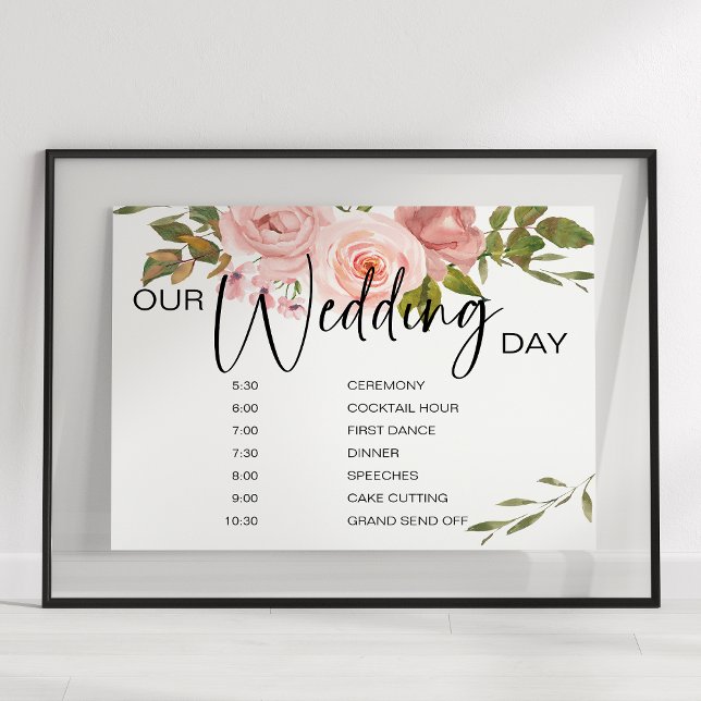 Affiche Panneau de programme de mariage floral Roses Rose  (Créateur téléchargé)