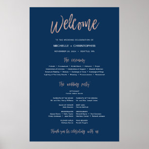 Affiche Panneau de programme de mariage Navy Blue & Rose G