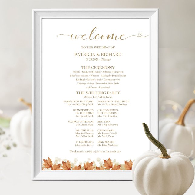 Affiche Panneau de Programme de Mariage pour les Feuilles  (Créateur téléchargé)