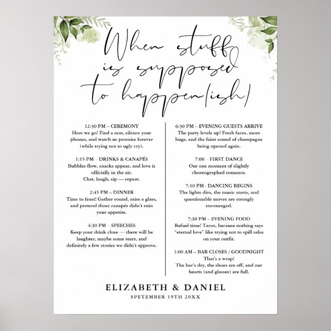 Affiche Panneau de programme floral de verdure de mariage (Devant)