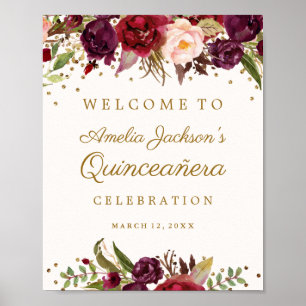Affiche Panneau de Quinceanera Floral Confetti Or Bourgogn