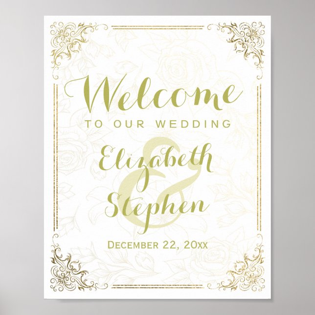 Affiche Panneau de réception de mariage Gold Floral Frame (Devant)