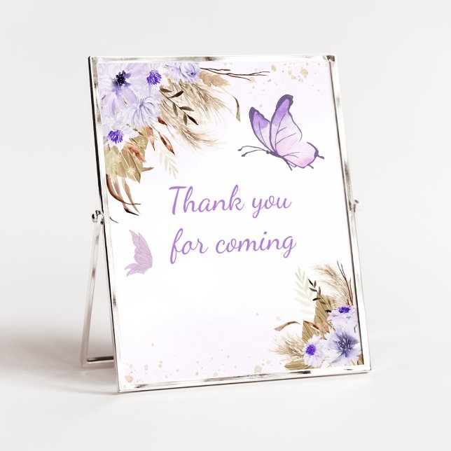 Affiche Panneau de remerciement pour une douche de papillo (Purple Butterfly Baby Shower Thank you for Coming Sign)